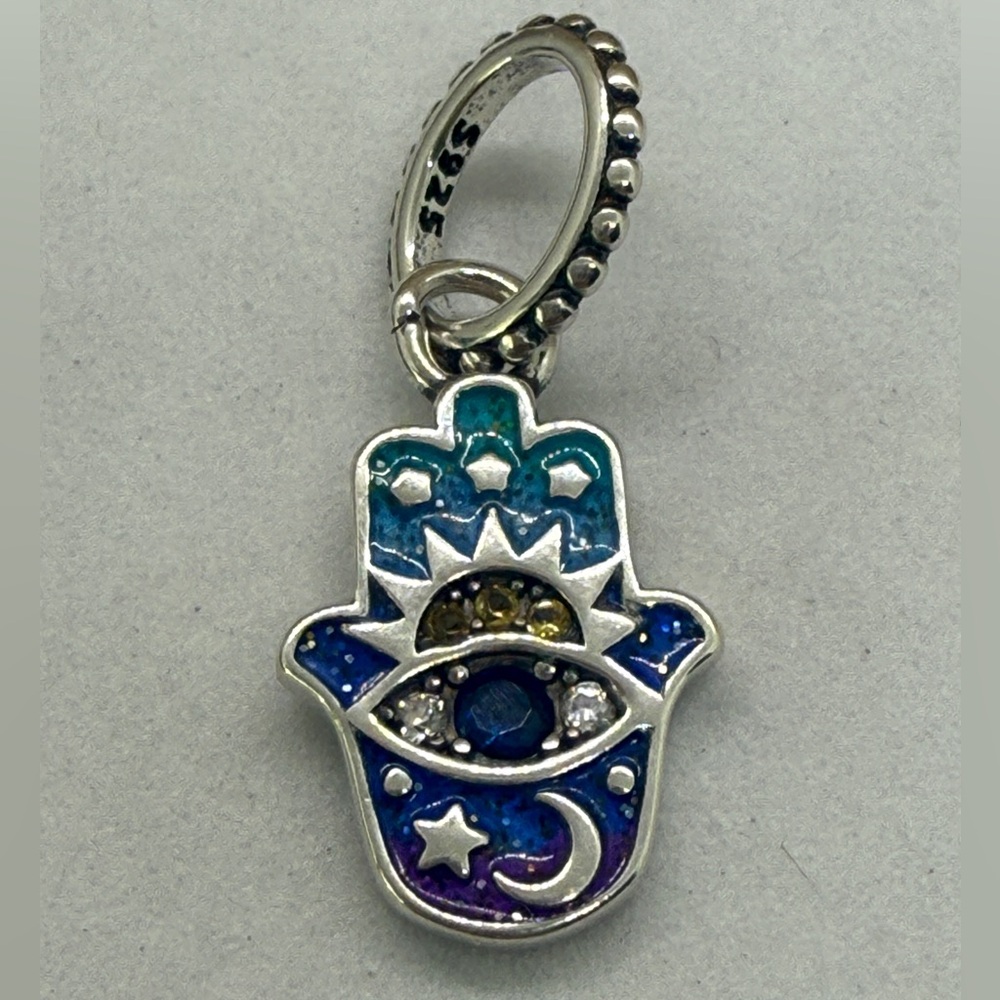 Hamsa Hand Dangle Charm – Sterling Silver with Enamel & CZ Accents